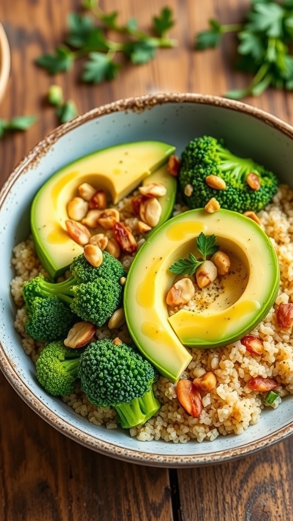 A colorful quinoa bowl with broccoli, avocado, nuts, and herbs on a wooden table.